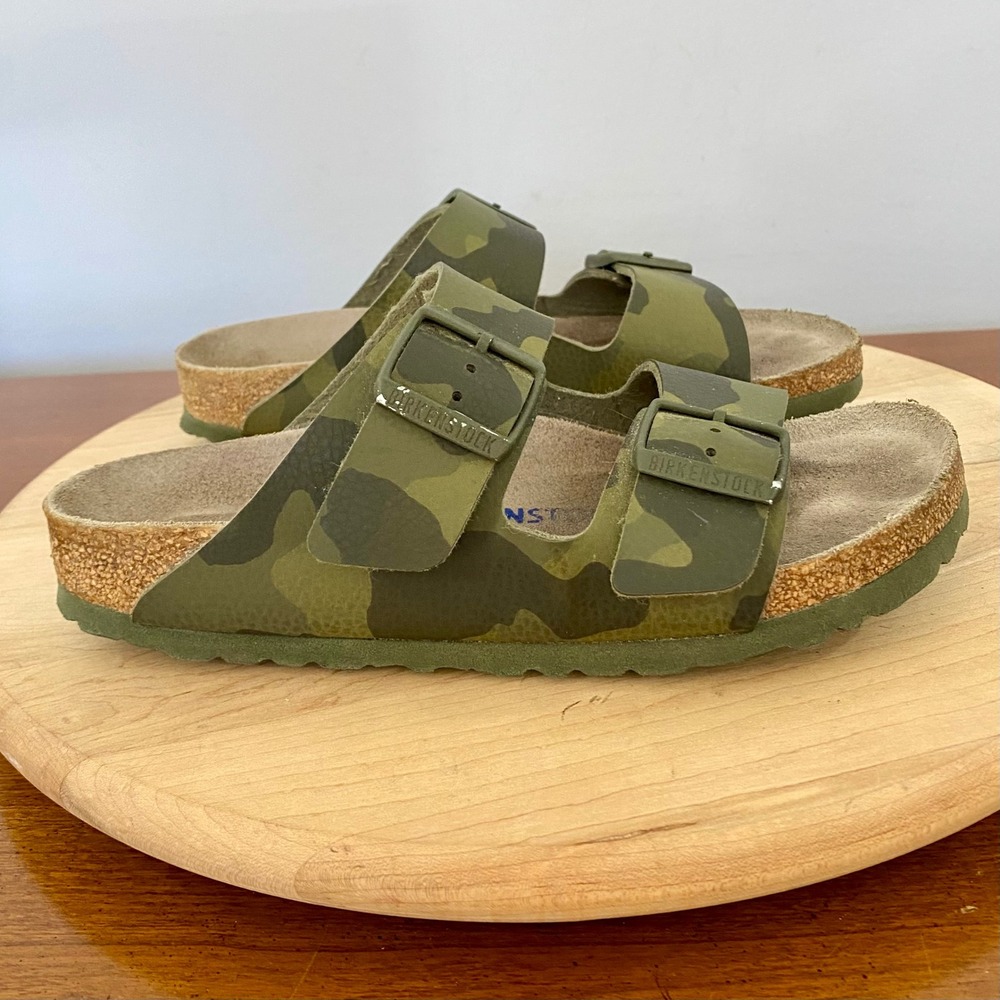 Birkenstock Arizona Camo Green Slide Sandals Sz 37 Ladies 6 Double Buckle Low